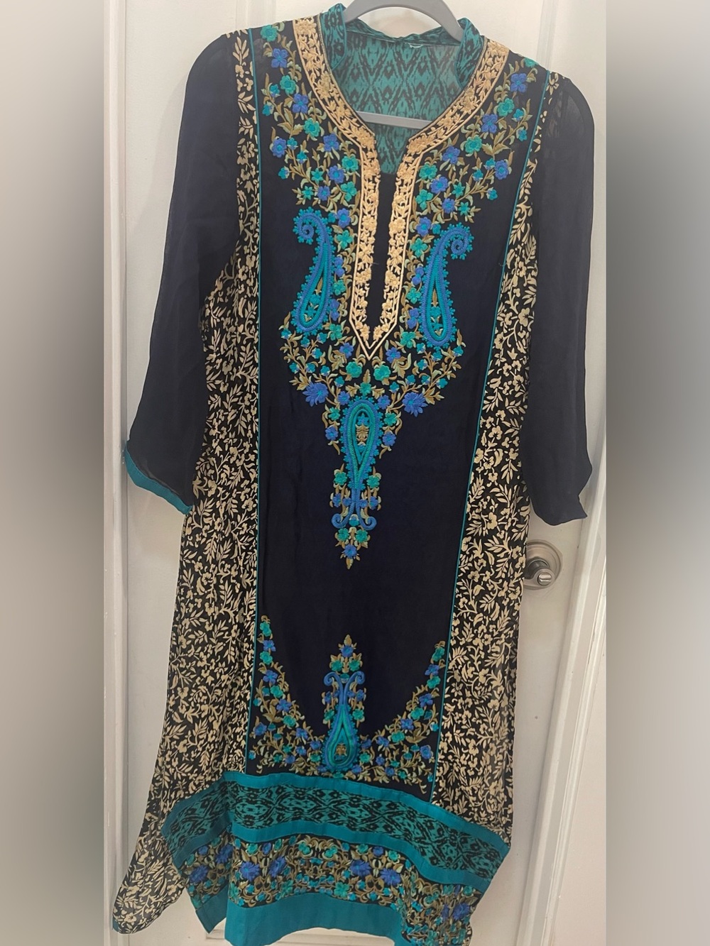 Embroidered Black Dress with Teal & Blue Accents